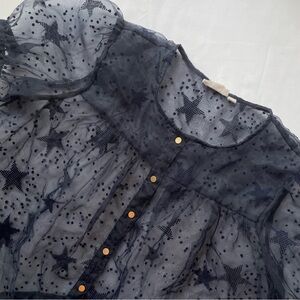 Anthropologie Let Me Be Sheer Star Blouse Navy Blue XXS